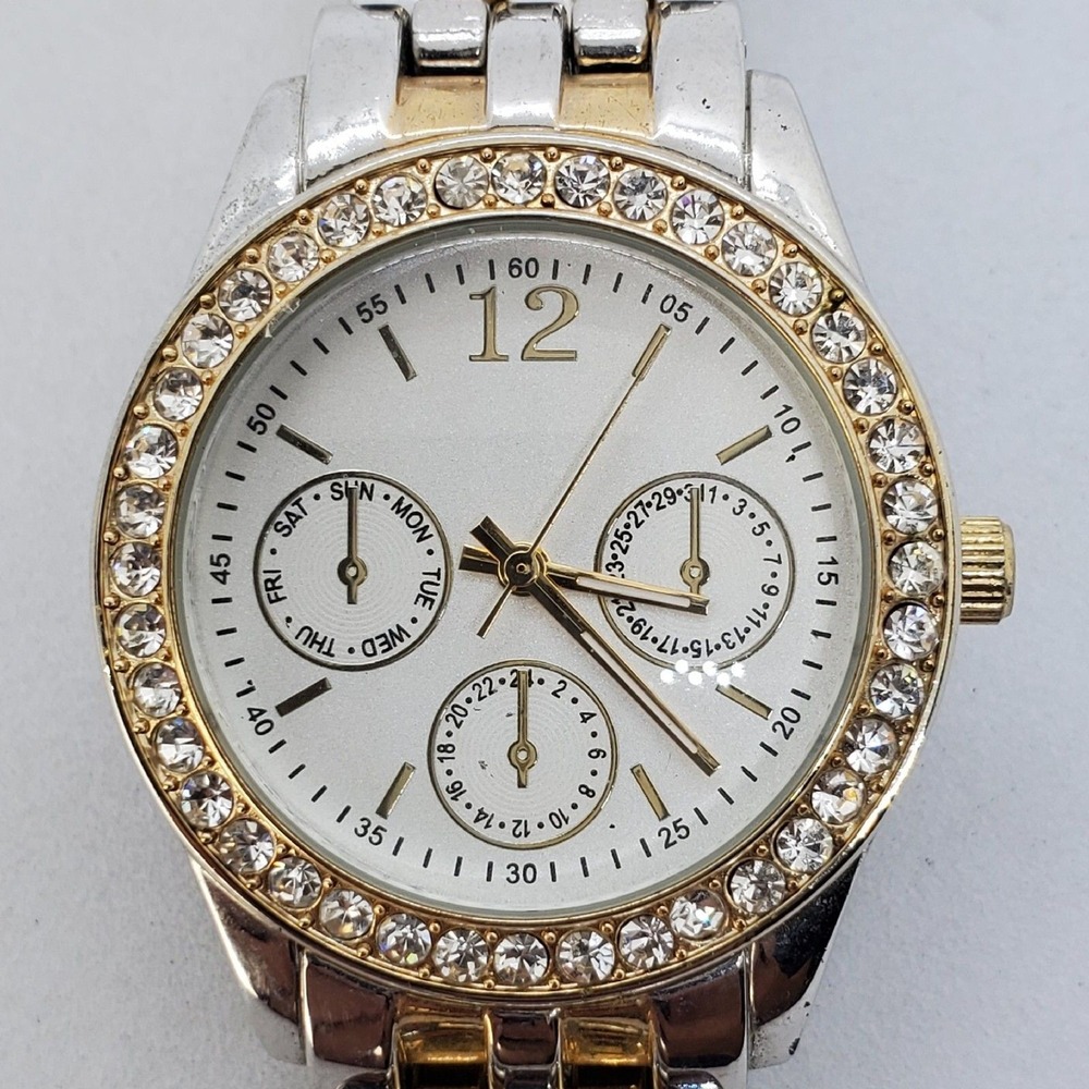Women's Watch 35MM Crystal Bezel White Dial Gold Gray‎ Bracelet 6" New Battery